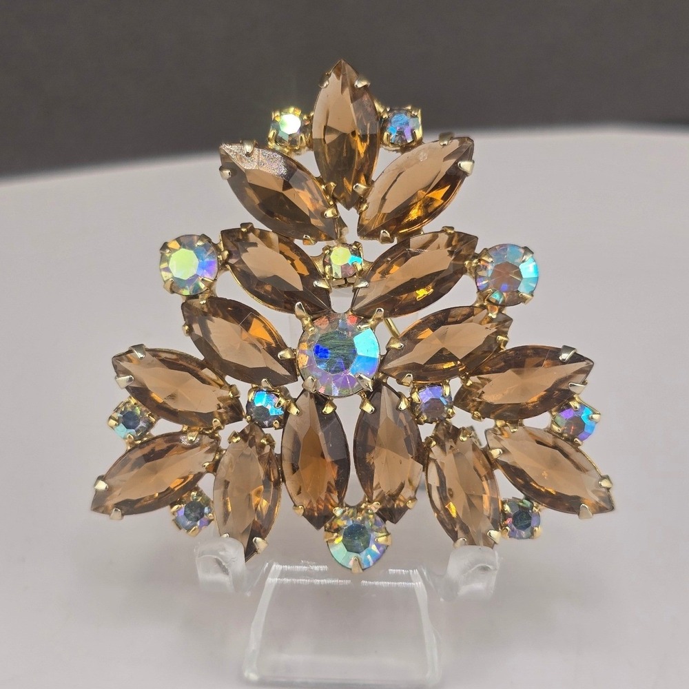 Vintage Estate Brooch Open Back Brown Aurora Borealis Rhinestone Gold Tone 2in